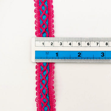 Blue Cotton Fabric Lace Trim with Dark Pink Thread Embroidery, Trim By 3 Yards, Craft Decorative Ribbon